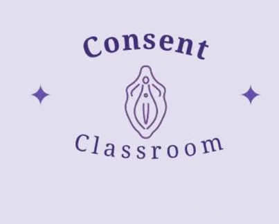 Consent Classroom logo featuring a line-drawn vulva between two stars